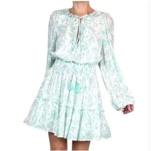 House of Harlow 1960 Teal and White Paisley Long Sleeve Dress